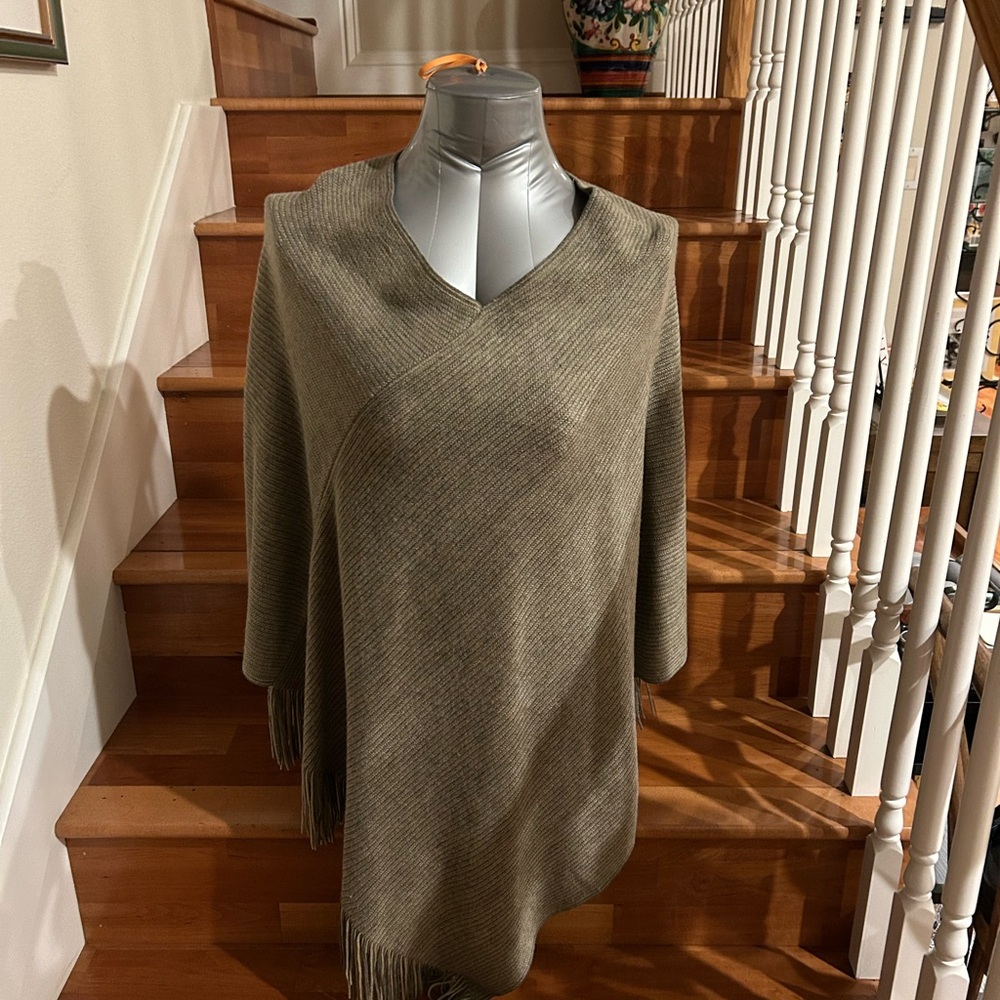 Steve Madden Olive Green Women's Sweater Poncho with fringe bottom.